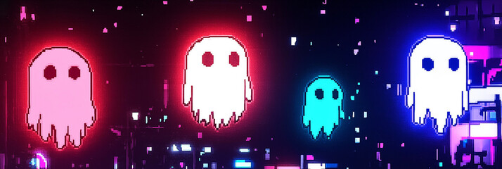 Adorable 8-bit Halloween ghost floating against a pixelated game art background