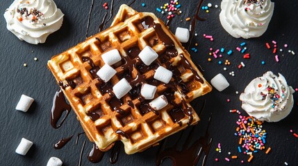 Crispy waffles with chocolate sauce and marshmallows, isolated on a dark slate background with decorative sprinkles and whipped cream