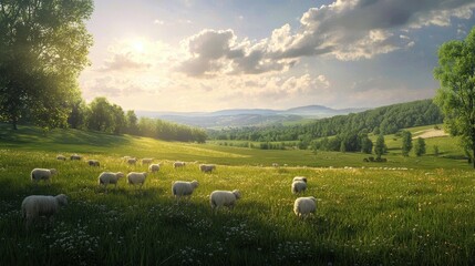 Serene Pastoral Scene with Grazing Sheep in Meadow