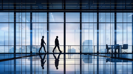 Modern Corporate Office Interior with Silhouetted Figures in Motion, Blue Lighting, and Minimalist Design