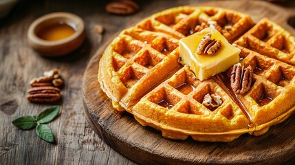 Sweet potato waffles with cinnamon butter, isolated on a wooden board background with decorative pecans and honey drizzle