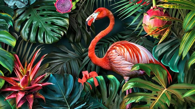 A pink flamingo stands in a tropical jungle, surrounded by lush green leaves and bright red flowers
