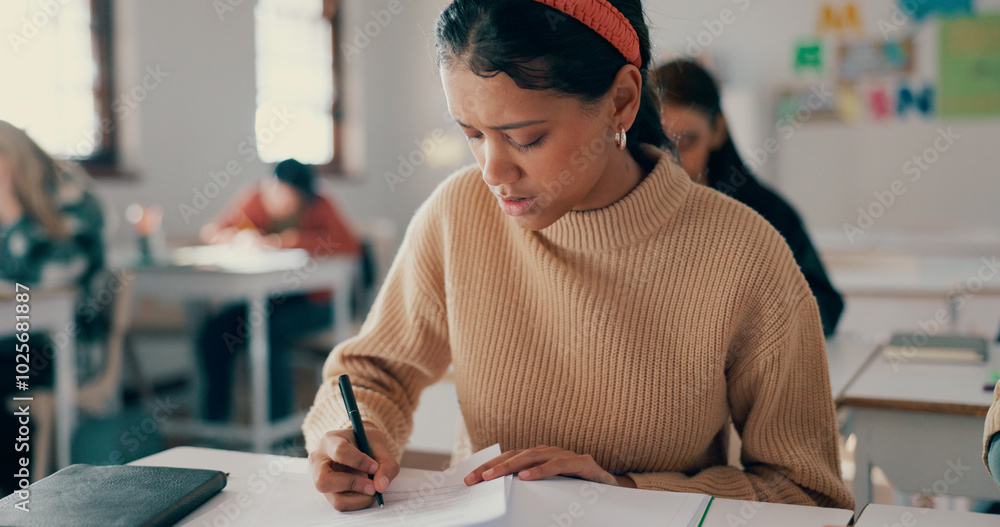 Aufkleber writing, thinking and education with girl in classroom for learning, entrance exam and scholarship. 