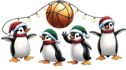 Fototapeta premium Festive Penguins Playing Basketball with Holiday Lights