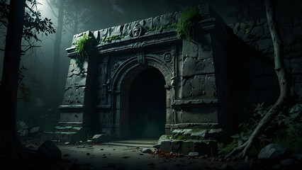 Ancient Crypt Hidden in a Shadowy Forest with Haunting Ghouls and Dark Architecture