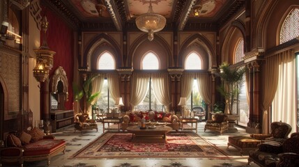 Obraz premium Opulent Living Room with Ornate Details and Arched Windows