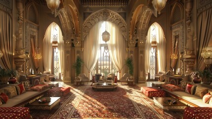 Obraz premium Opulent Moroccan Living Room with Intricate Details and Sunbeams