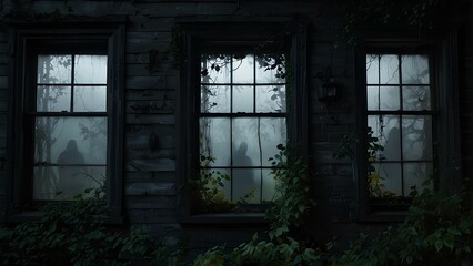 Fototapeta premium Haunted House with Ghostly Silhouettes – A Spooky Scene of Paranormal Mystery