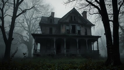 Haunted House with Ghostly Silhouettes – A Spooky Scene of Paranormal Mystery