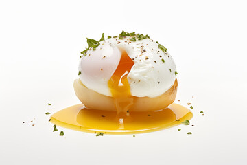 A perfectly poached egg on a bread with a soft, runny yolk and delicate whites, sitting on a pristine white background with subtle shadows.