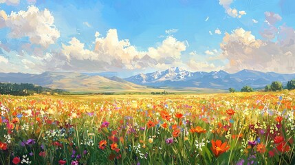 Obraz premium Vibrant Prairie with Wildflowers under Blue Sky