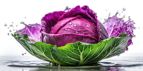 Vibrant Purple Cabbage with Splash Isolated on White Background for Fresh Produce Photography