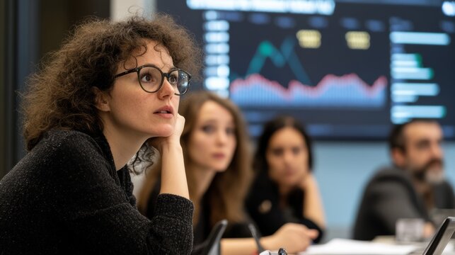 Strategic Economic Policy Discussion with Diverse Participants Analyzing Data on Large Screen for Informed Decision Making