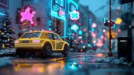 A futuristic taxi with neon accents navigates a snowy street, illuminated by colorful signs in a vibrant urban setting.