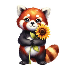 Red panda holding a sunflower clipart watercolor
