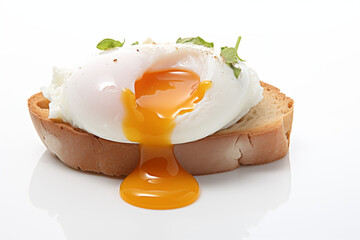 A perfectly poached egg on a bread with a soft, runny yolk and delicate whites, sitting on a pristine white background with subtle shadows.