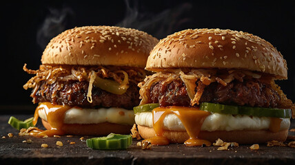 An indulgent, cheese-stuffed burger with layers of crispy fried onions, pickles, and dripping barbecue sauce.