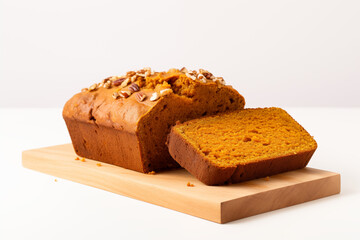 A perfectly baked loaf of pumpkin bread, with a golden-brown crust, garnished with pumpkin seeds, resting on a sliceable board against a white background, every crumb visible with high detail.


