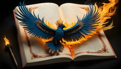 Fototapeta premium Phoenix emerging from a flaming open book, vibrant colors, magical artistic representation.