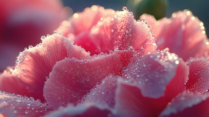 Close-up of dew-covered carnation petals glistening in the early morning sun, showcasing their intricate textures and colors