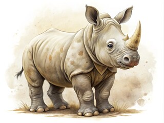 Fototapeta premium Vintage Style Illustration of a Little Rhino on White Background - Cute Animal Art for Kids Decor