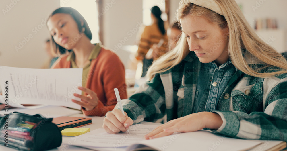Poster education, writing and students in high school for exam, assignment and knowledge development. peopl