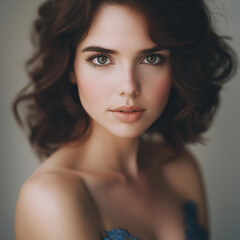 Naklejka premium Analog photo, close-up, 25 year old caucasian woman with wavy brown hair and wearing a blue Harmony Strapless Jacquard Gown, focus on her eyes 