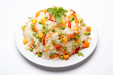 A bowl of freshly cooked vegetable rice, vibrant green peas, carrots, and corn visible, with steam rising and subtle shadows on a pure white background.