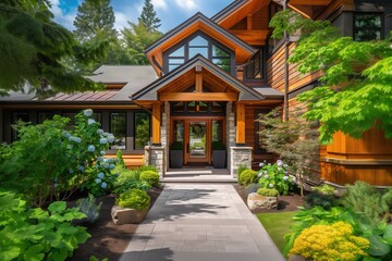 Fototapeta premium Stunning modern home entrance with natural wood and stone elements