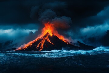 Fototapeta premium Erupting volcano against a stormy ocean backdrop