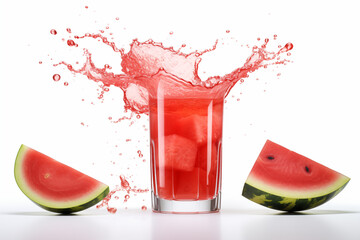 A tall, clear glass filled with refreshing watermelon juice, garnished with a mint leaf and a slice of watermelon on the rim, droplets of condensation forming on the glass.