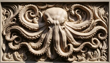 Intricate sculpture of an octopus carved in relief with detailed tentacles and texture