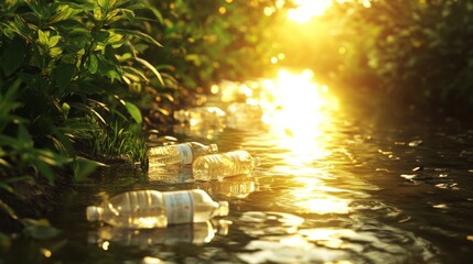 Plastic Bottles Littered in a Sunlit Creek