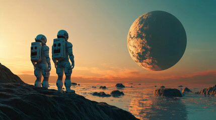 AI in space exploration, with robots landing on an alien planet