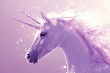 Fototapeta premium Close-up of a White Unicorn with Glittering Horn and Mane Against a Purple Background