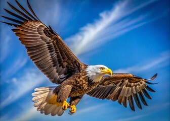 Fototapeta premium Majestic Bird in Flight Captured Close Up as it Soars Towards the Camera Against a Blue Sky