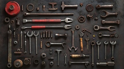 Fototapeta premium A collection of various rusty tools, including wrenches, pliers, and screwdrivers, laid out on a dark textured background.