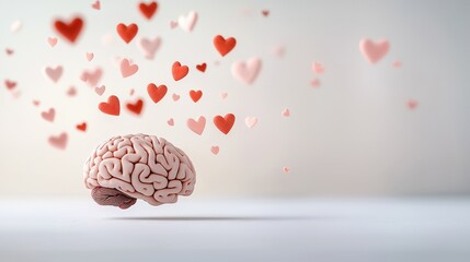 A brain surrounded by floating, glowing hearts, representing love and positivity.