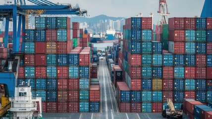 Colorful shipping containers stacked high in a busy port.