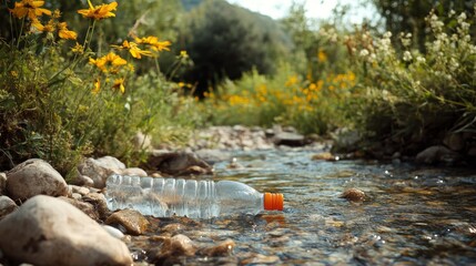 Fototapeta premium Plastic Water Bottle Discarded in a Stream