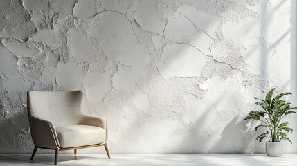Minimalist living room with armchair, plant, and sunlight.