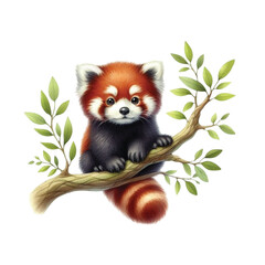 Obraz premium Red panda sits on a branch clipart watercolor 