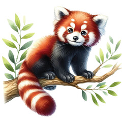 Obraz premium Red panda sits on a branch clipart watercolor 