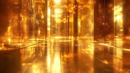 The image shows a long, dark hallway with a high ceiling