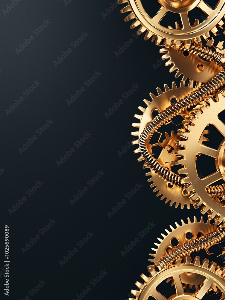 Poster a vertical composition of golden gears interlocking and spinning, set against a dark, gradient backg