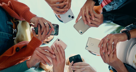 Phone, college and network with hands on campus for social media, gen z app and live streaming....