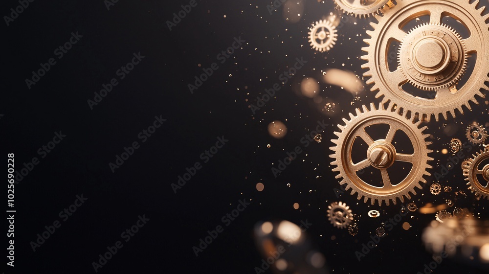 Poster an abstract representation of golden gears floating in a dark space, symbolizing time and its mechan