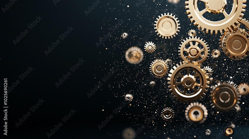 Poster an abstract representation of golden gears floating in a dark space, symbolizing time and its mechan