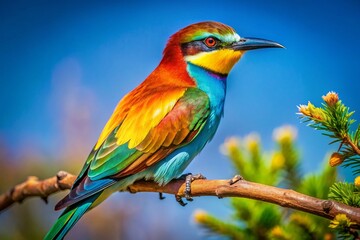 Fototapeta premium Majestic Bird Perched on a Tree Branch Against a Clear Blue Sky, Capturing Nature's Beauty and Serenity in