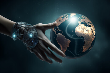 A detailed human hand gently cradling a realistic globe, showing Earth's continents with vibrant colors, light reflecting off the ocean surfaces.